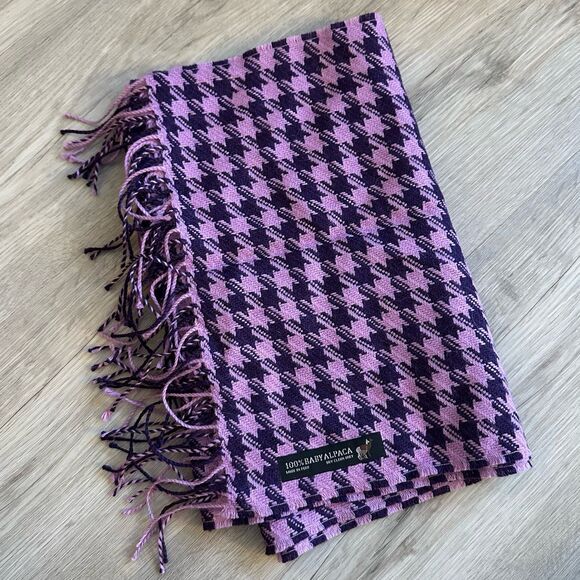 Pink & Purple Woven Houndstooth 100% Baby Alpaca Fringe Scarf Made in Peru - Picture 2 of 4